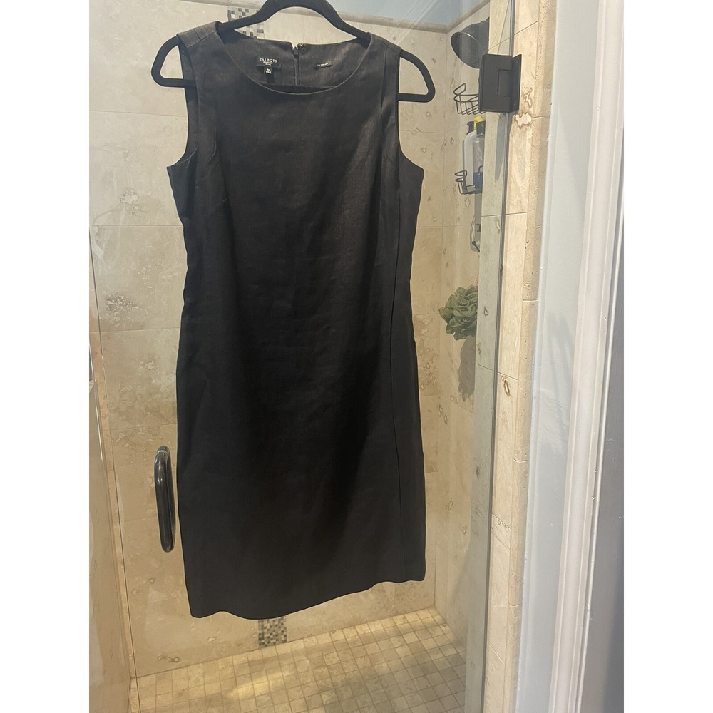 Talbots Petites 8P Black Pure Irish Linen Sheath Dress Sleeveless Knee Length